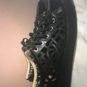 Chanel Black Flower Cutout Leather Sneakers Size 7 EU 37.5